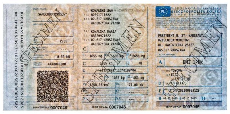 F.1 w dowodzie rejestracyjnym – masa całkowita auta i różnica względem F.2